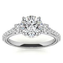 Round 3-Stone Scroll Design Moissanite Engagement Ring with Milgrain