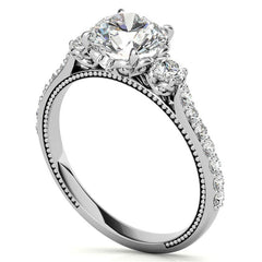 Round 3-Stone Scroll Design Moissanite Engagement Ring with Milgrain