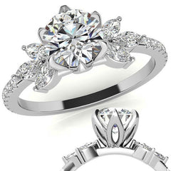Round and Marquise Accented Moissanite Engagement Ring with Tulip