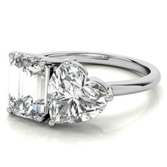 Unique Emerald and Heart 2-Stone Moissanite Engagement Ring