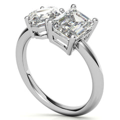 Unique Emerald and Asscher 2-Stone Moissanite Engagement Ring