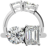 Unique Round and Emerald 2-Stone Moissanite Engagement Ring