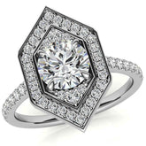 Hexagon Halo Shaped Round Brilliant Moissanite Engagement Ring