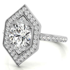 Hexagon Halo Shaped Round Brilliant Moissanite Engagement Ring