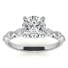 Single Shared Prong Marquise and Round Brilliant Moissanite Scroll Engagement Ring