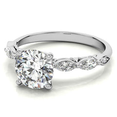 Single Shared Prong Marquise and Round Brilliant Moissanite Scroll Engagement Ring