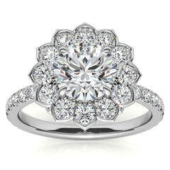 Round Flower Inspired Moissanite Halo Engagement Ring
