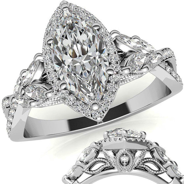 Split Shank Marquise Halo Antique Moissanite Engagement Ring