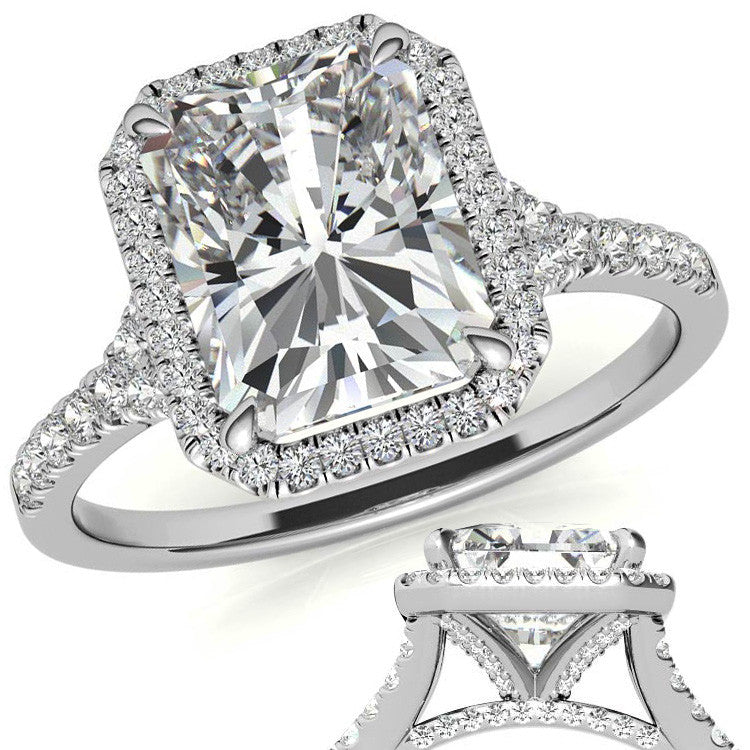Emerald / Radiant Moissanite Split Shank Halo Engagement Ring