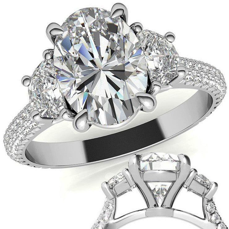 Oval and Half Moon Moissanite Pave Engagement Ring