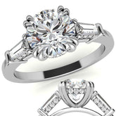 Round and Baguette Cathedral Moissanite Engagement Ring with Hidden Halo