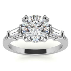 Round and Baguette Cathedral Moissanite Engagement Ring with Hidden Halo