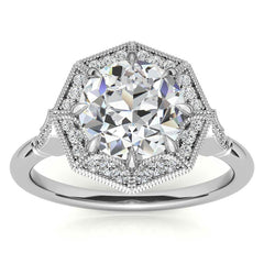 Antique Style Octagon Halo Round Brilliant Moissanite Cathedral Engagement Ring