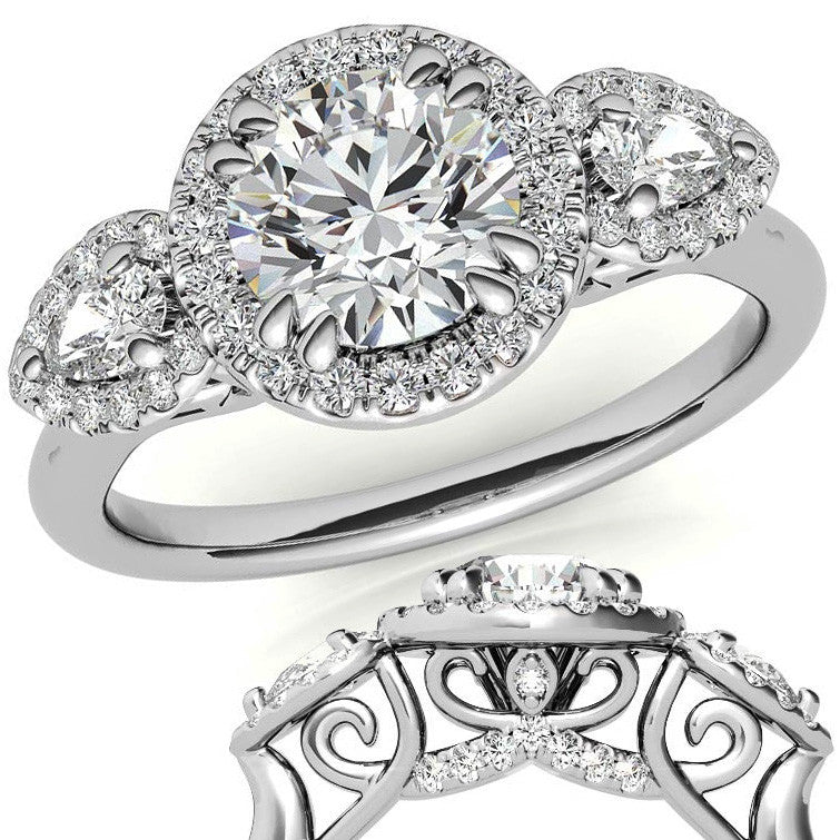 Round and Pear Halo 3-Stone Moissanite Engagement Ring