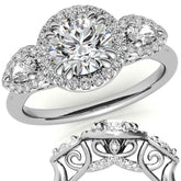 Round and Pear Halo 3-Stone Moissanite Engagement Ring