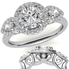 Round and Pear Halo 3-Stone Moissanite Engagement Ring