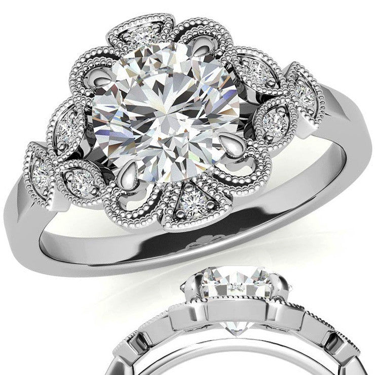 Fancy Scroll Antique Inspired Halo Moissanite Engagement Ring