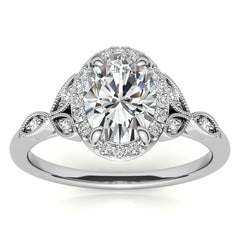Oval Halo Moissanite Engagement Ring with Marquise Style Accents