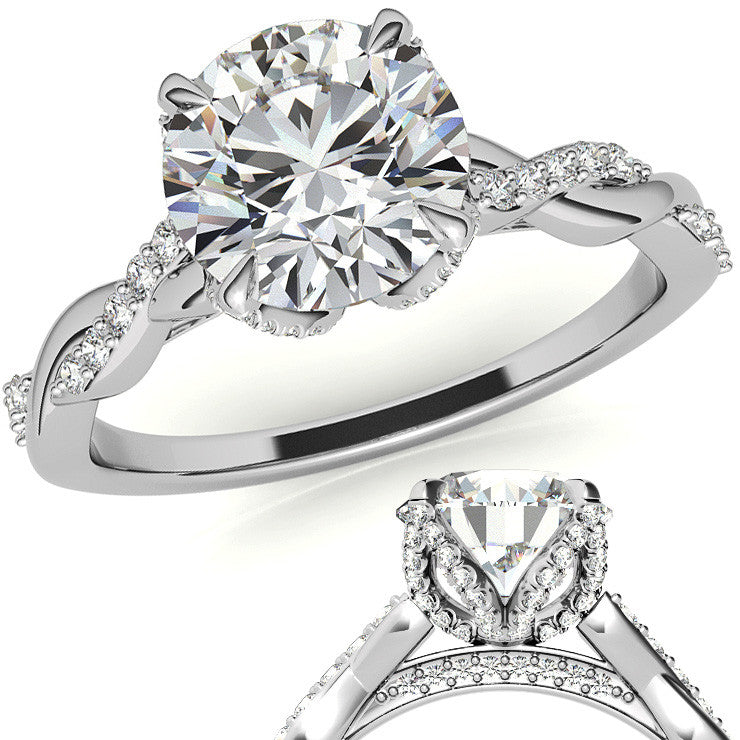 Round Brilliant Moissanite Infinity Twist Style Engagement Ring With Diamond Accented Tulip Prongs