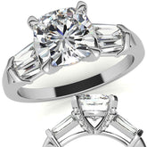 Cushion and Baguette Moissanite Engagement Ring with Prong Pave Accents