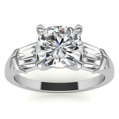 Cushion and Baguette Moissanite Engagement Ring with Prong Pave Accents