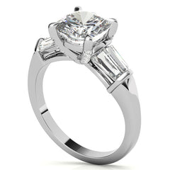 Cushion and Baguette Moissanite Engagement Ring with Prong Pave Accents