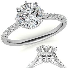 Round Brilliant Moissanite 8 Prong Engagement Ring with Scroll Accents and Hidden Halo