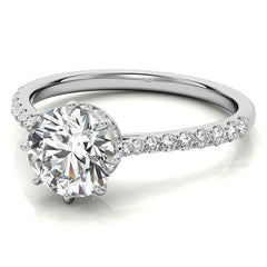 Round Brilliant Moissanite 8 Prong Engagement Ring with Scroll Accents and Hidden Halo