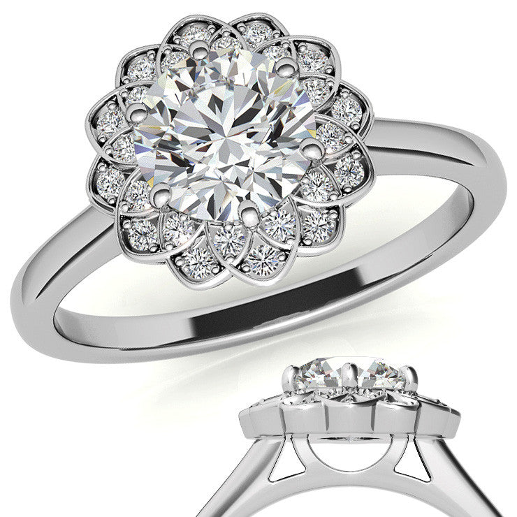 Round Brilliant Moissanite Floral Style Halo Engagement Ring
