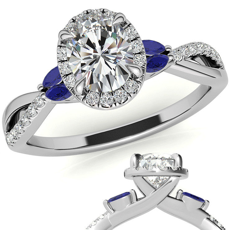 Oval Moissanite Halo Ring With Marquise Accents and Split Shank Style Band