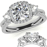 Cushion Moissanite Halo Engagement Ring with Halfmoon Accents and Split Shank Band