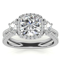 Cushion Moissanite Halo Engagement Ring with Halfmoon Accents and Split Shank Band