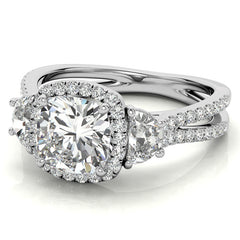 Cushion Moissanite Halo Engagement Ring with Halfmoon Accents and Split Shank Band