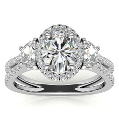Oval Moissanite Halo Engagement Ring with Halfmoon Accents and Split Shank Band