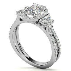 Oval Moissanite Halo Engagement Ring with Halfmoon Accents and Split Shank Band