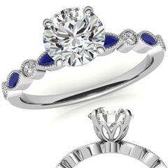 Bezel Round and Marquise Moissanite Engagement Ring with Crown Prongs