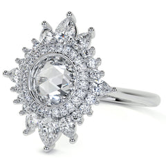 Rose Cut Starburst Halo Design Moissanite Engagement Ring
