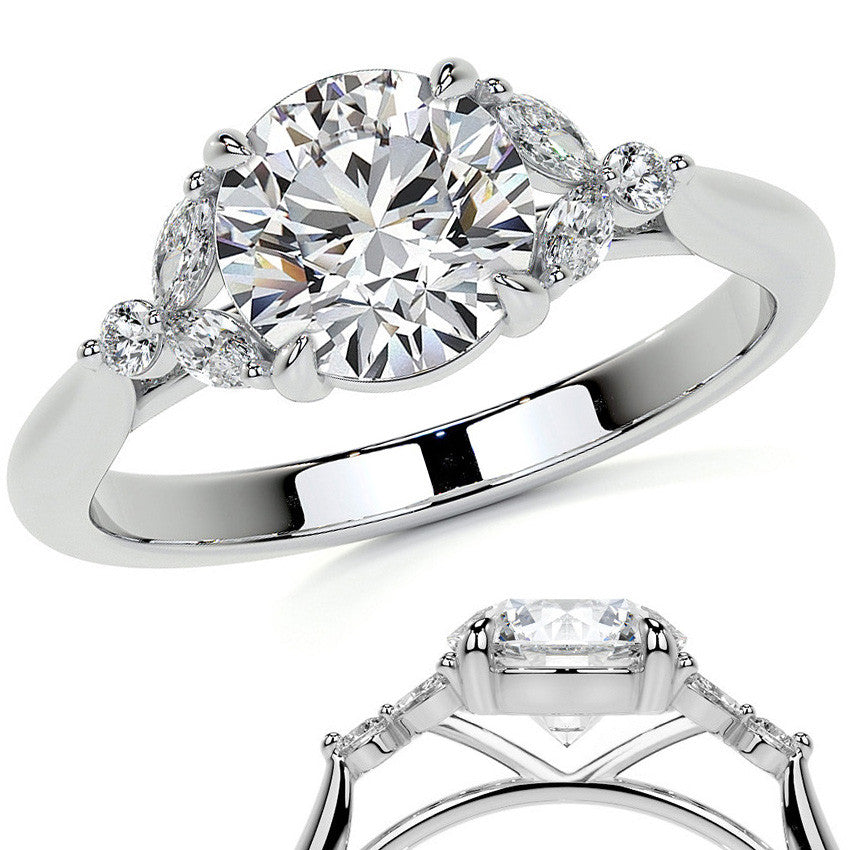 Round and Marquise Moissanite Cathedral Engagement Ring