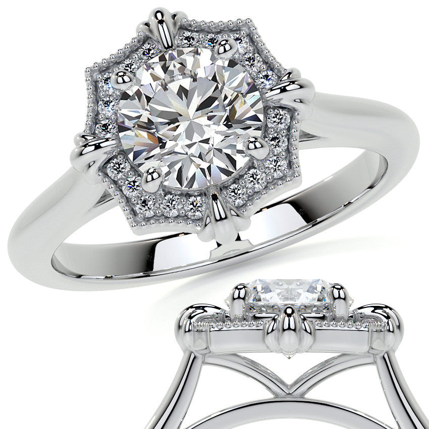 Round Brilliant Moissanite Octagon Halo Engagement Ring with Milgrain