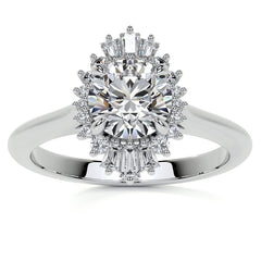 Round and Baguette Diamond Halo Moissanite Engagement Ring