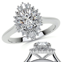 Round and Baguette Diamond Halo Moissanite Engagement Ring