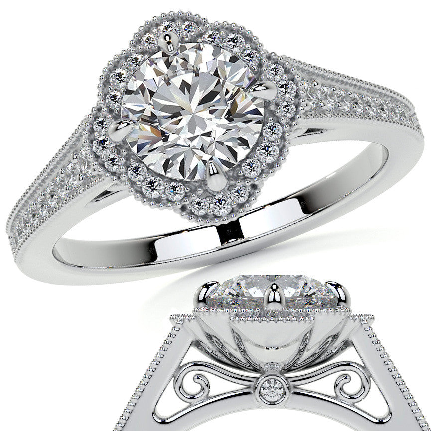 Round Antique Style Halo Moissanite Cathedral Engagement Ring