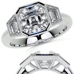 Asscher and Trapezoid Bezel Set Three-Stone Moissanite Engagement