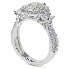 Emerald/Trapezoid 3-Stone Halo Moissanite Split Shank Engagement