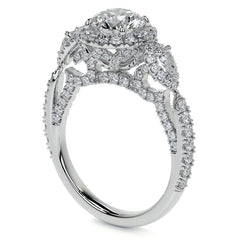 Round and Pear 3-Stone Ornate Pave Basket Moissanite Engagement