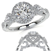 Round and Pear 3-Stone Ornate Pave Basket Moissanite Engagement