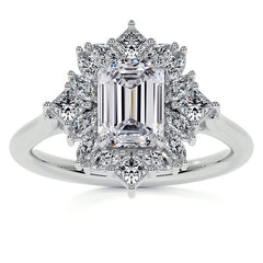 Geometric Halo Emerald / Radiant Moissanite Cathedral Engagement Ring