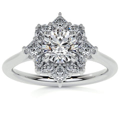 Geometric Halo Round Brilliant Moissanite Cathedral Engagement Ring