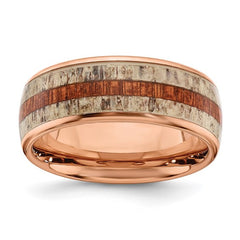 Stainless Steel Rose IP-plated with Wood and Antler Inlay 8mm Band