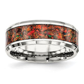 Stainless Steel with Red Imitation Opal Inlay 8mm Band